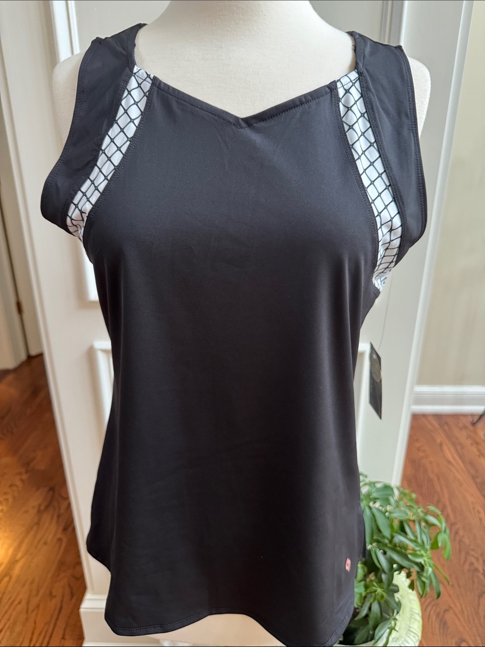 Women's Black Tank Top with White Patterned Mesh Accents
